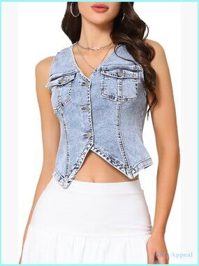 Sleeveless V Neck Button Front Cropped Denim Vest Jacket Jean Vest
